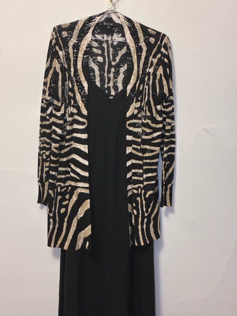 Sisters Linen Blend Zebra Print Long Length Open Cardigan - Black & Gold